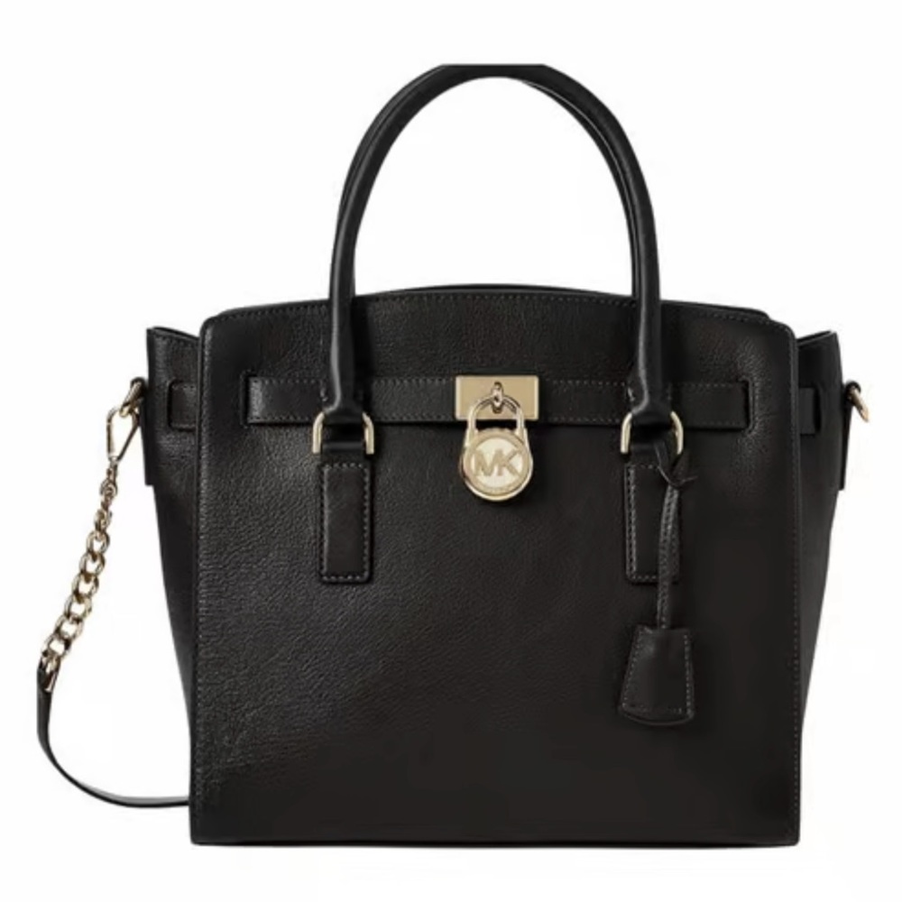 Micheal Kors Black Leather Hamilton Purse, gold metal hardware EUC